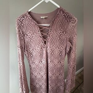 Ultra Flirt Women’s Dress Size M Pink Lace Up Crochet Lace Bell Sleeve